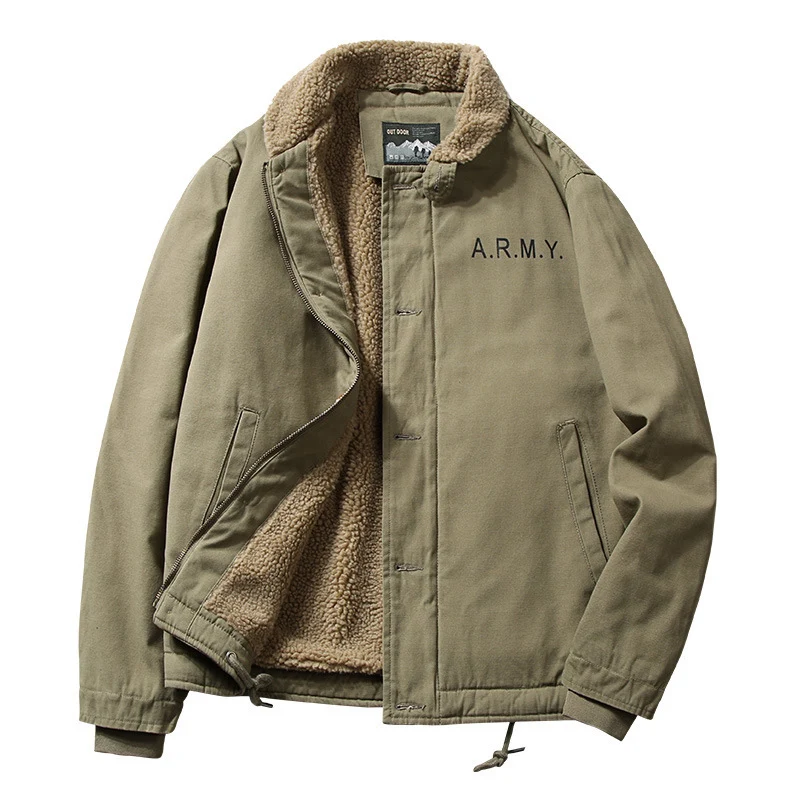 Herren Vintage-inspirierter Canvas-Fliegerblouson mit voluminösem Sherpa-Futter, zweifacher Frontöffnung und verstärkten Taschen Drune