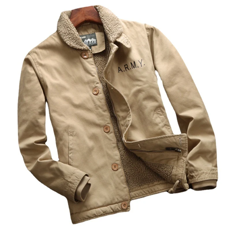 Herren Vintage-inspirierter Canvas-Fliegerblouson mit voluminösem Sherpa-Futter, zweifacher Frontöffnung und verstärkten Taschen Drune