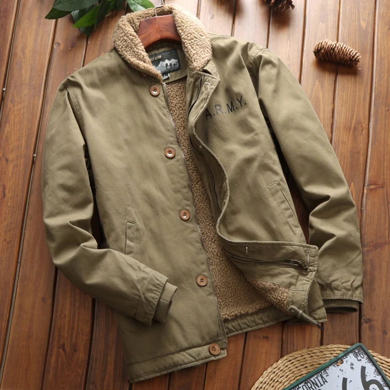 Herren Vintage-inspirierter Canvas-Fliegerblouson mit voluminösem Sherpa-Futter, zweifacher Frontöffnung und verstärkten Taschen Drune