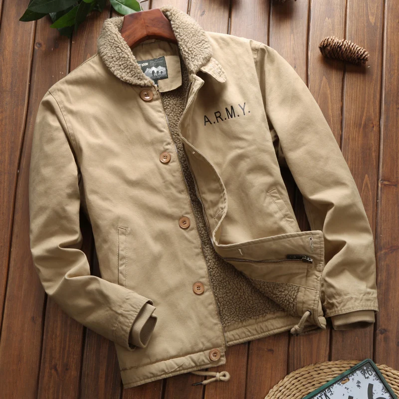 Herren Vintage-inspirierter Canvas-Fliegerblouson mit voluminösem Sherpa-Futter, zweifacher Frontöffnung und verstärkten Taschen Drune