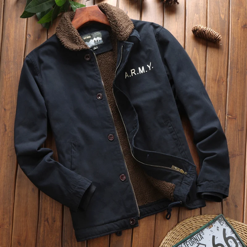 Herren Vintage-inspirierter Canvas-Fliegerblouson mit voluminösem Sherpa-Futter, zweifacher Frontöffnung und verstärkten Taschen Drune