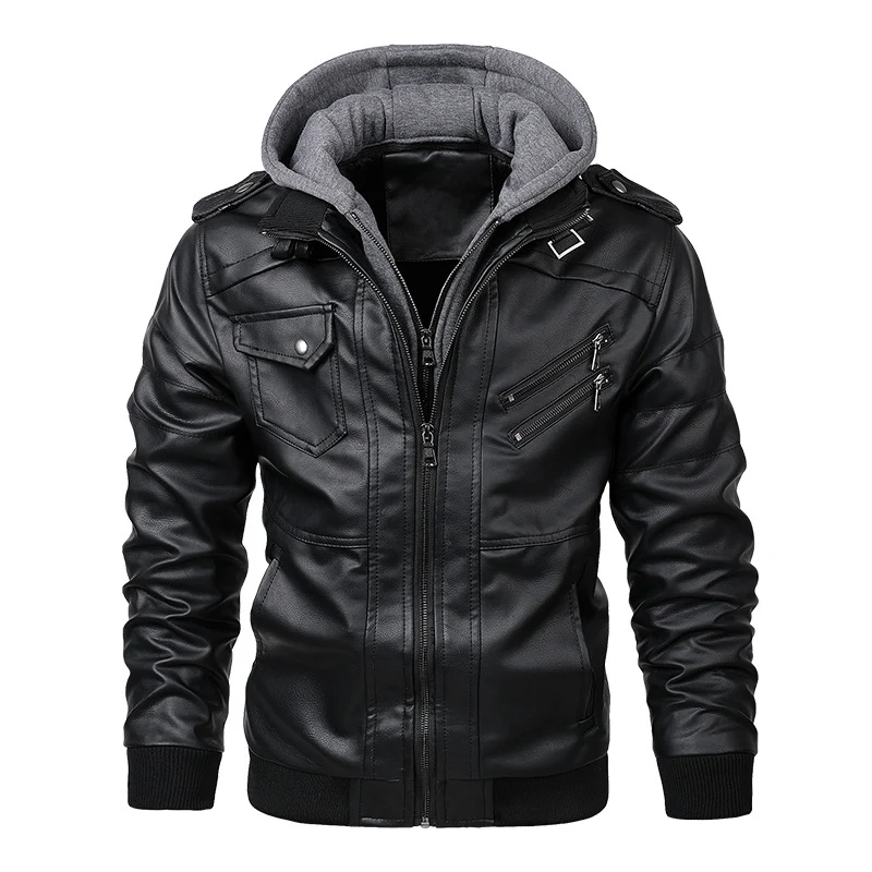 Herren Vintage-inspirierte Kunstleder-Bomber mit abtrennbarer Kapuzenblende und diagonalem Reißverschluss-Detail Drune