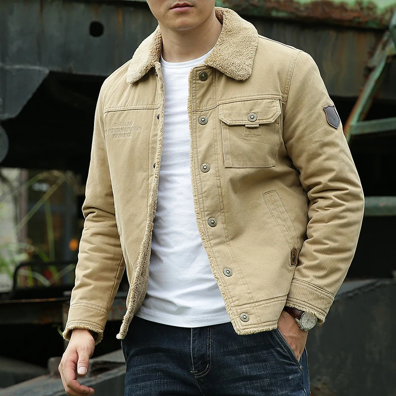 Herren Vintage-inspirierte Canvas-Workerjacke mit Vollfutter-Teddy, Brustpatten und Multifunktions-Taschen Drune