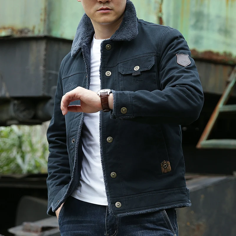 Herren Vintage-inspirierte Canvas-Workerjacke mit Vollfutter-Teddy, Brustpatten und Multifunktions-Taschen Drune