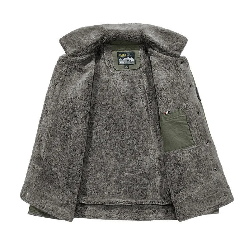 Herren Vintage-inspirierte Canvas-Workerjacke mit Vollfutter-Teddy, Brustpatten und Multifunktions-Taschen Drune