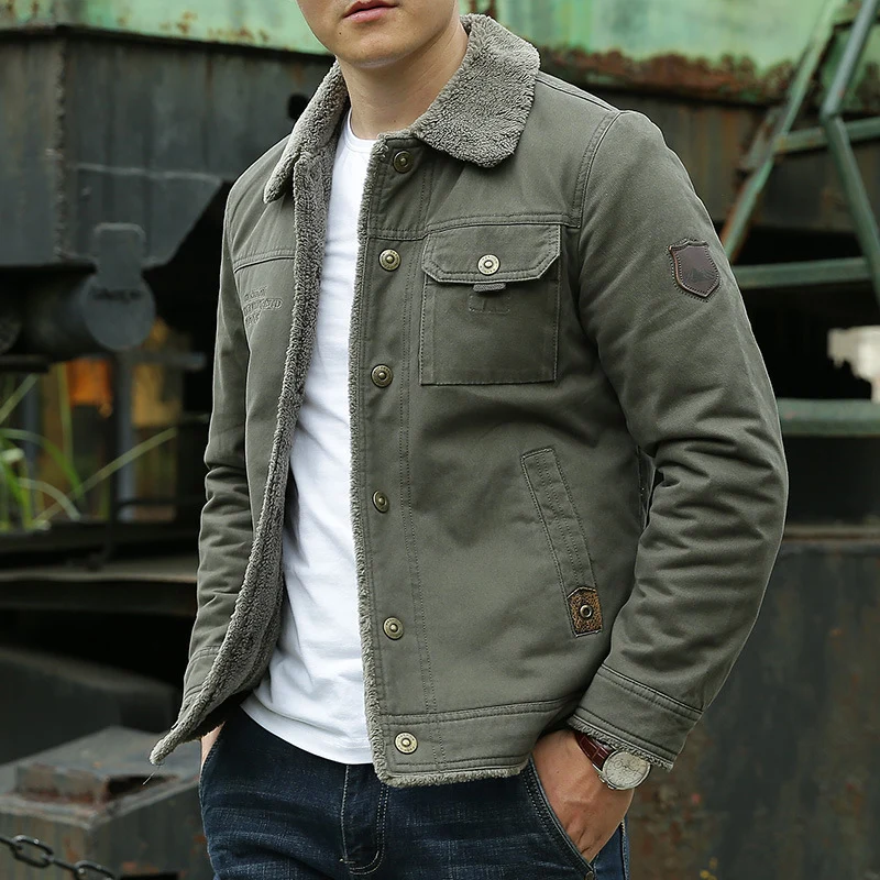 Herren Vintage-inspirierte Canvas-Workerjacke mit Vollfutter-Teddy, Brustpatten und Multifunktions-Taschen Drune