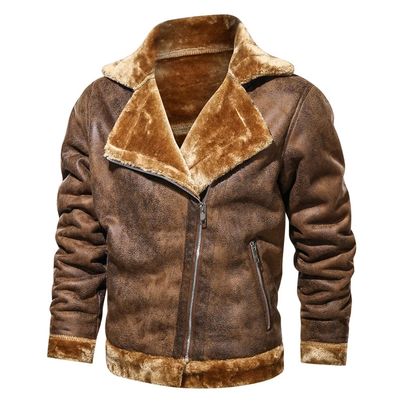 Herren Velours-Imitat-Bikerjacke mit hohem Kragen und wärmender Teddy-Innenseite Drune