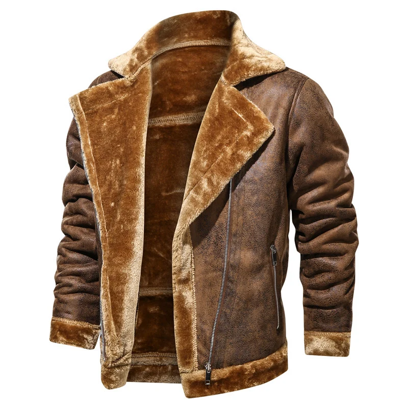 Herren Velours-Imitat-Bikerjacke mit hohem Kragen und wärmender Teddy-Innenseite Drune