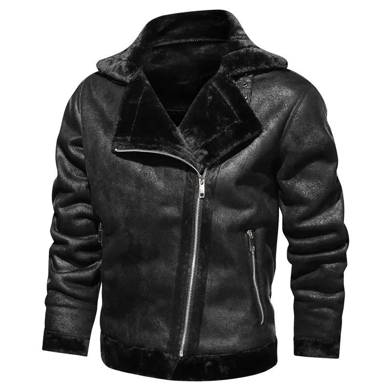 Herren Velours-Imitat-Bikerjacke mit hohem Kragen und wärmender Teddy-Innenseite Drune