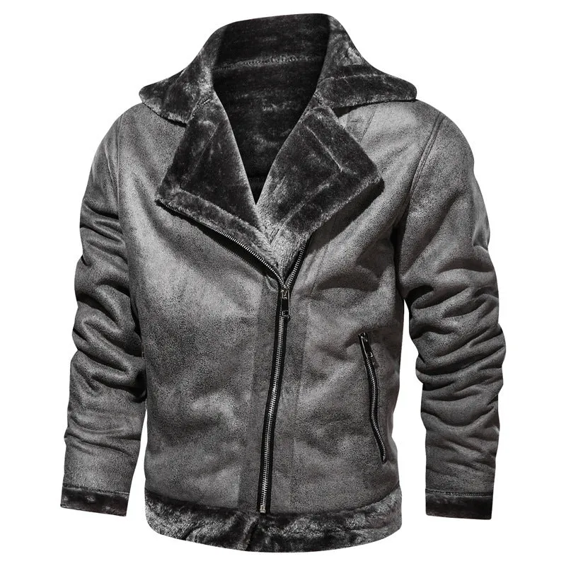 Herren Velours-Imitat-Bikerjacke mit hohem Kragen und wärmender Teddy-Innenseite Drune