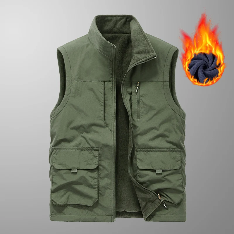 Herren Utility-Weste mit Teddyfleece-Futter, Multifunktionstaschen und hohem Stehkragen Drune