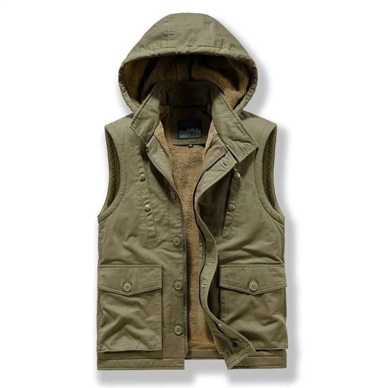 Herren Utility-Weste mit Kapuze, Teddyfutter und Multifunktionstaschen Drune