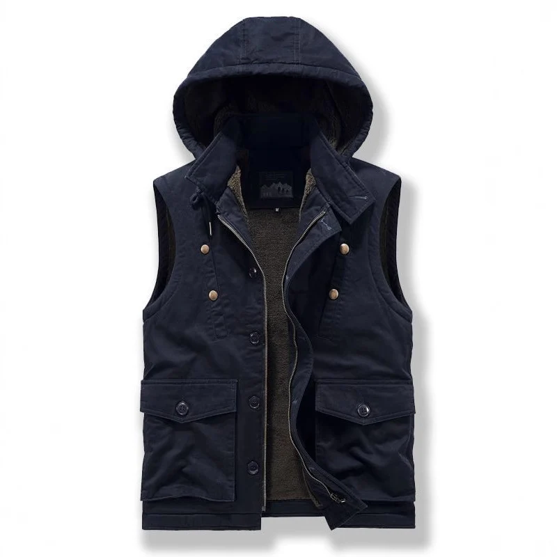Herren Utility-Weste mit Kapuze, Teddyfutter und Multifunktionstaschen Drune