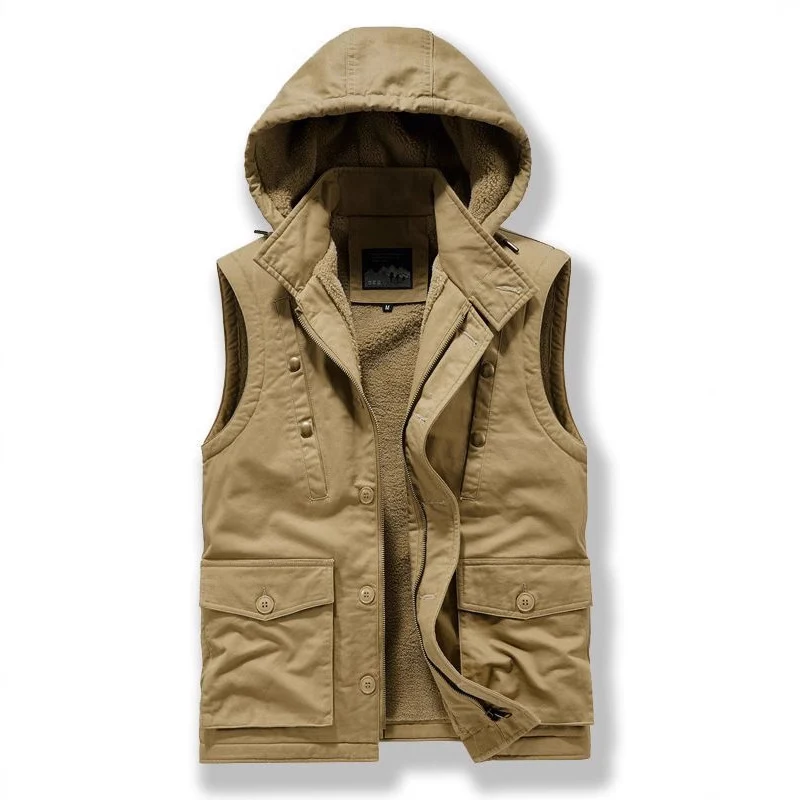 Herren Utility-Weste mit Kapuze, Teddyfutter und Multifunktionstaschen Drune