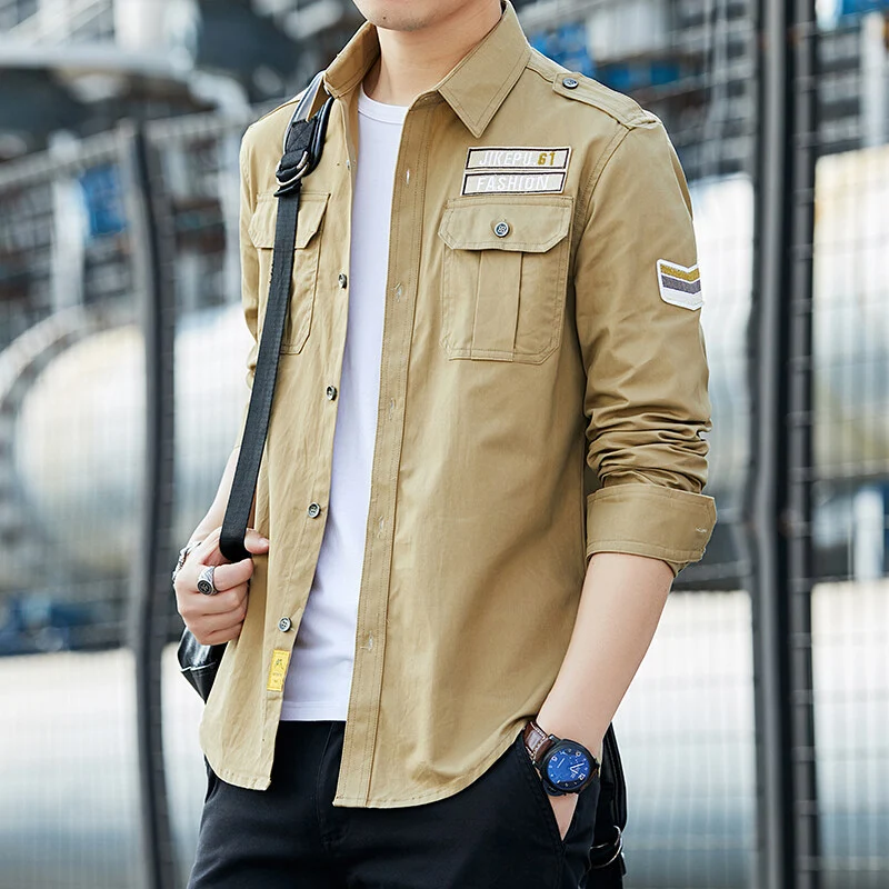Herren Utility-Hemd mit Brustpattentaschen, Schulterpatten und Stickpatches Drune
