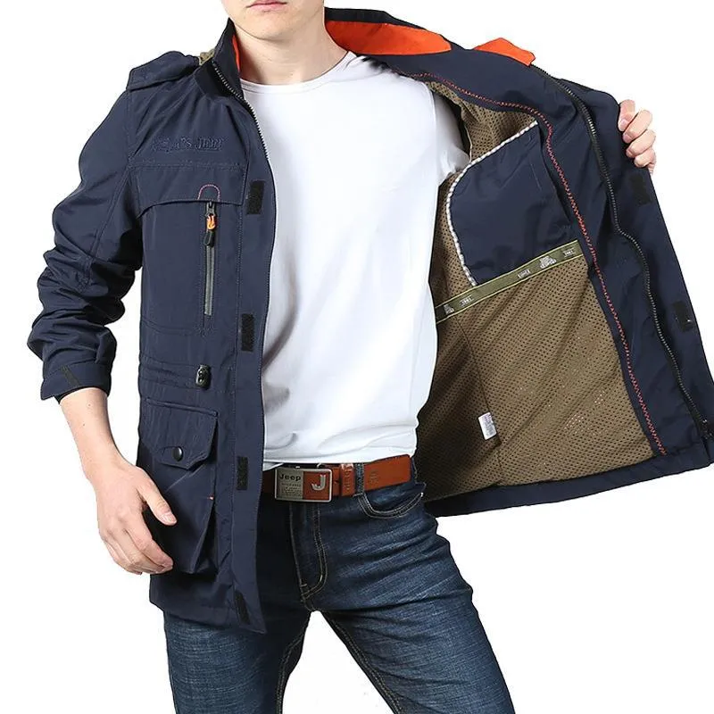 Herren Utility-Fieldjacke mit Kapuze, Multifunktionstaschen und Taillenzug Drune