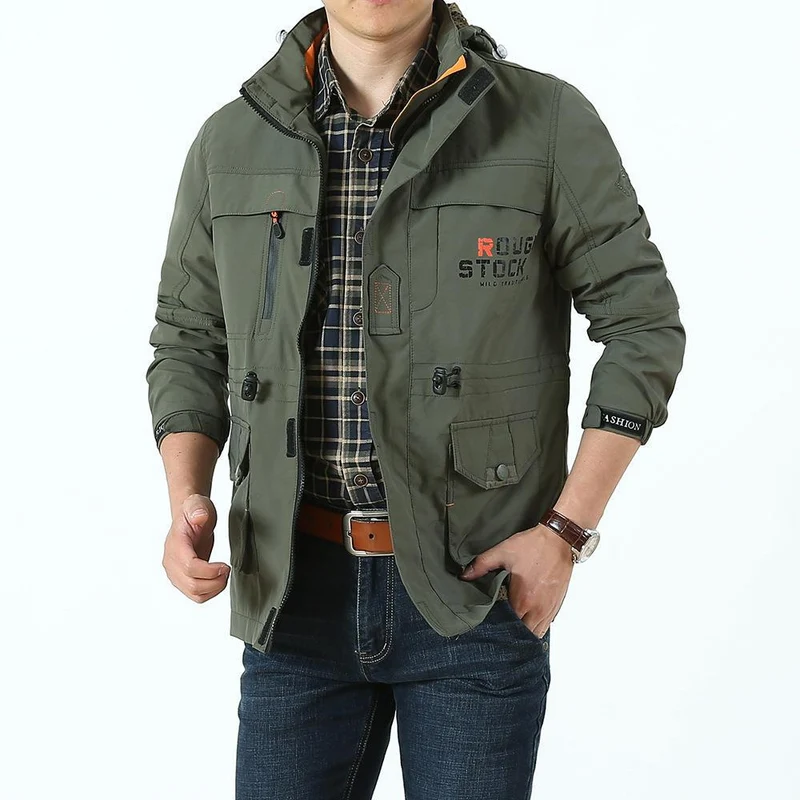 Herren Utility-Fieldjacke mit Kapuze, Multifunktionstaschen und Taillenzug Drune