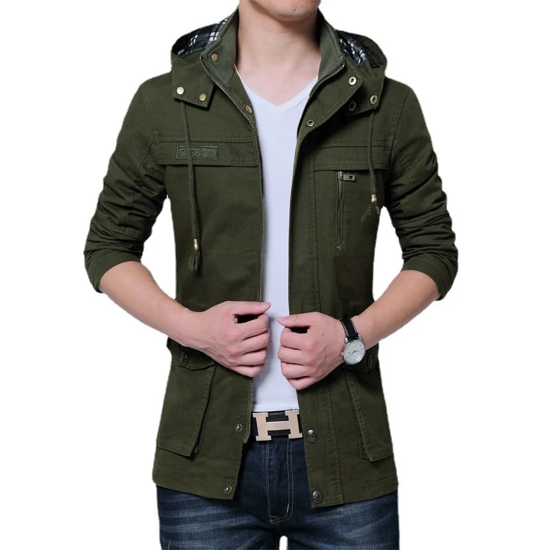 Herren Utility-Canvasjacke mit Kapuze, Reißverschluss-Front und Mehrfachtaschen Drune