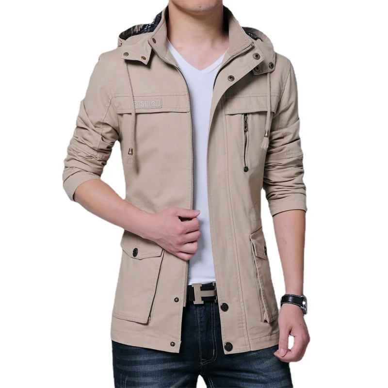 Herren Utility-Canvasjacke mit Kapuze, Reißverschluss-Front und Mehrfachtaschen Drune