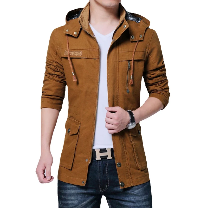 Herren Utility-Canvasjacke mit Kapuze, Reißverschluss-Front und Mehrfachtaschen Drune