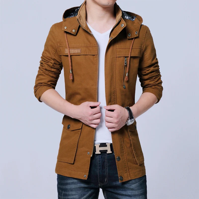 Herren Utility-Canvasjacke mit Kapuze, Reißverschluss-Front und Mehrfachtaschen Drune
