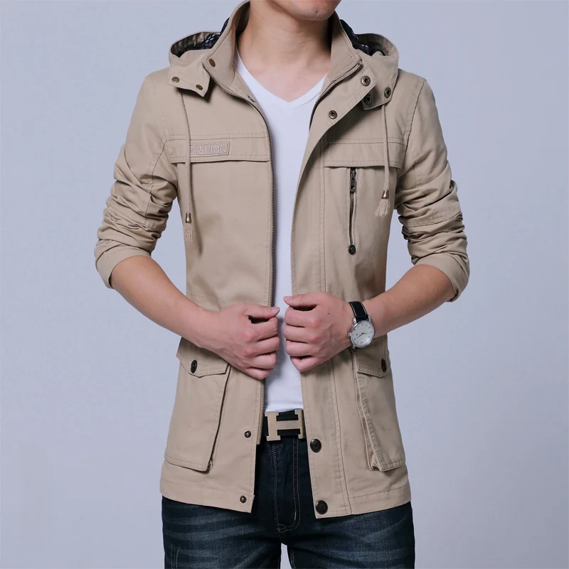 Herren Utility-Canvasjacke mit Kapuze, Reißverschluss-Front und Mehrfachtaschen Drune