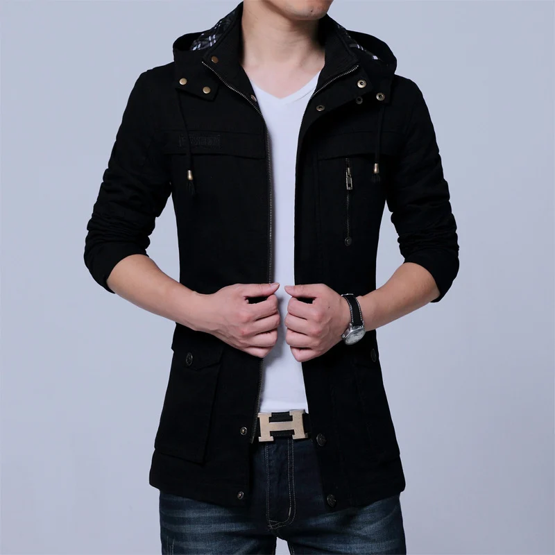 Herren Utility-Canvasjacke mit Kapuze, Reißverschluss-Front und Mehrfachtaschen Drune