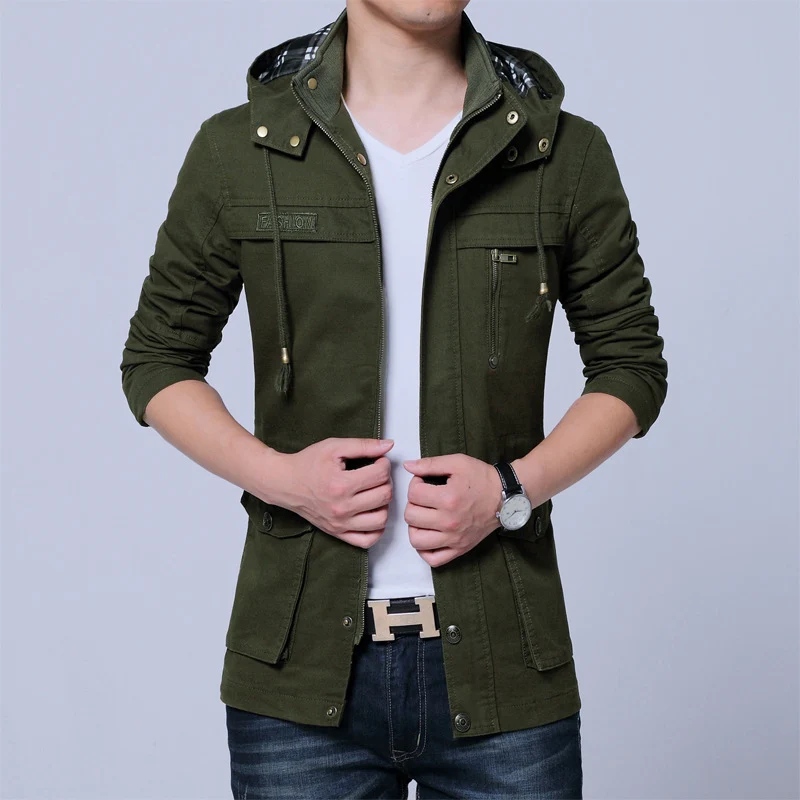 Herren Utility-Canvasjacke mit Kapuze, Reißverschluss-Front und Mehrfachtaschen Drune