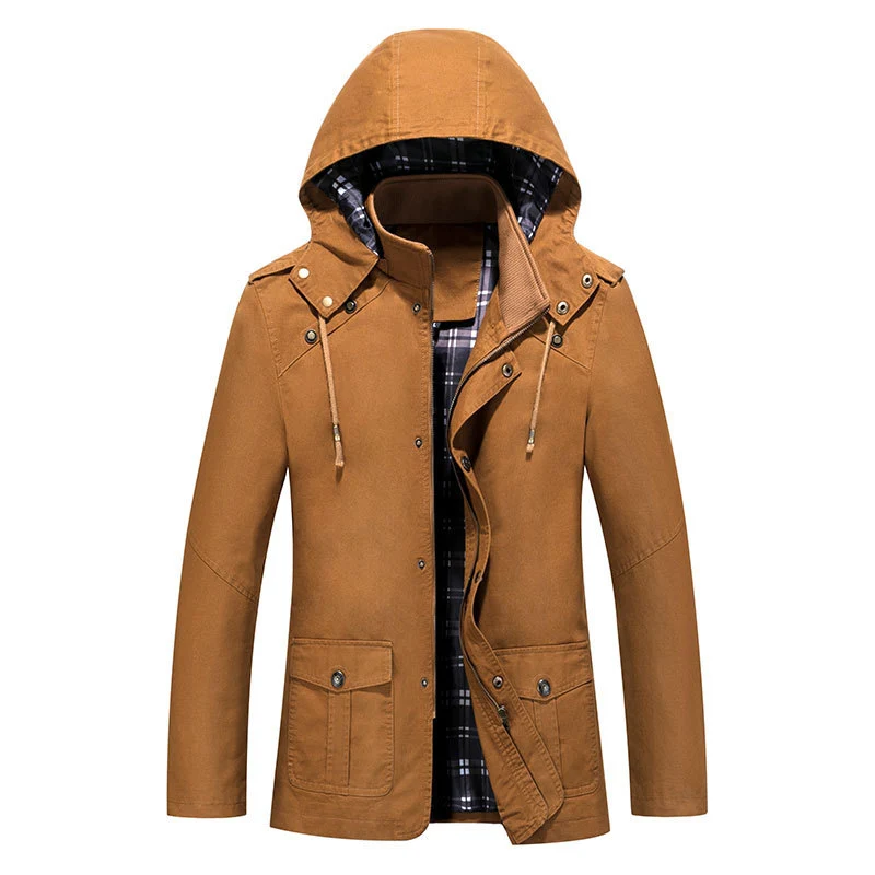 Herren Urbaner Baumwoll‑Hoodie‑Blouson mit Kapuze, kariertem Innenfutter und aufgesetzten Pattentaschen Drune