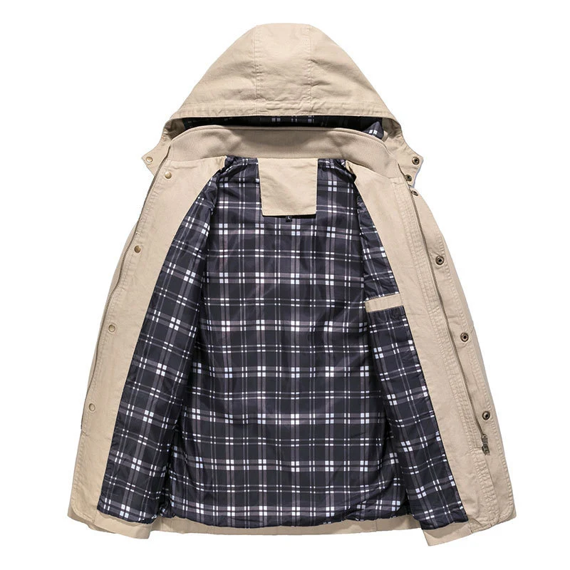 Herren Urbaner Baumwoll‑Hoodie‑Blouson mit Kapuze, kariertem Innenfutter und aufgesetzten Pattentaschen Drune