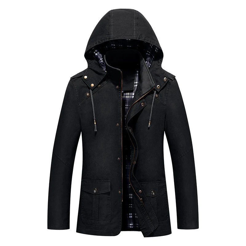 Herren Urbaner Baumwoll‑Hoodie‑Blouson mit Kapuze, kariertem Innenfutter und aufgesetzten Pattentaschen Drune