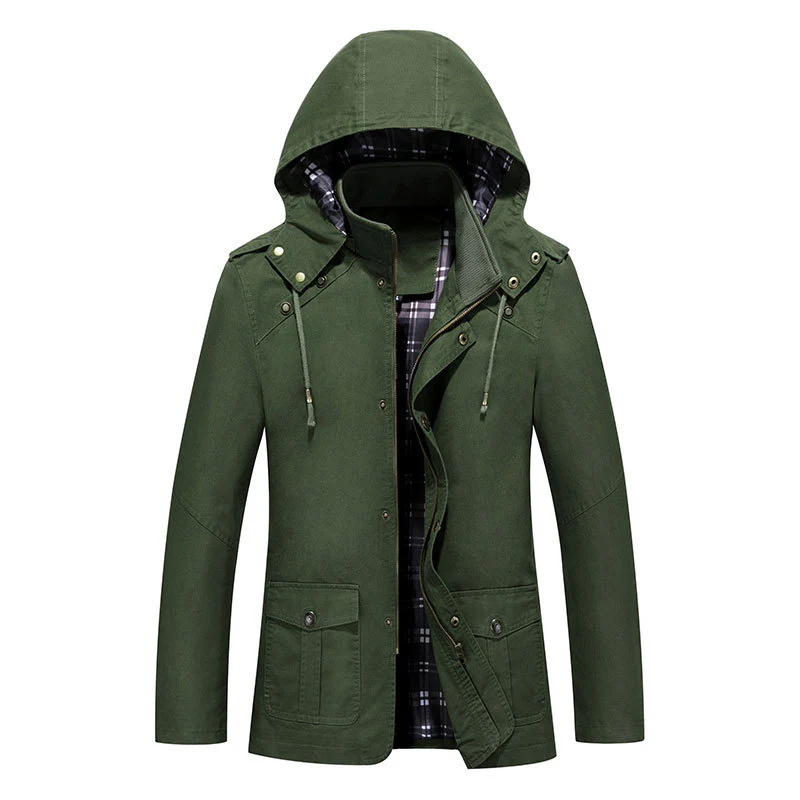 Herren Urbaner Baumwoll‑Hoodie‑Blouson mit Kapuze, kariertem Innenfutter und aufgesetzten Pattentaschen Drune