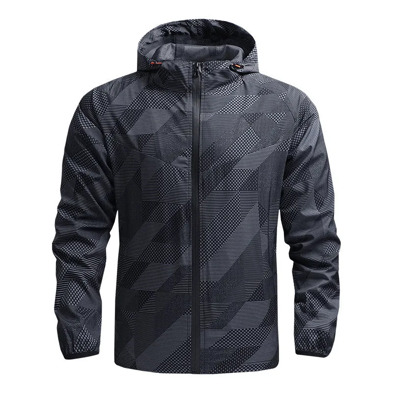 Herren Ultraleichte atmungsaktive Windjacke mit Kapuze und reflektierendem Geometrie-Print Drune