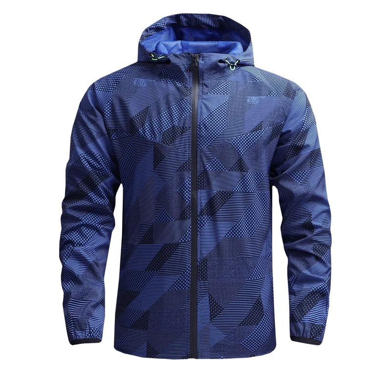 Herren Ultraleichte atmungsaktive Windjacke mit Kapuze und reflektierendem Geometrie-Print Drune
