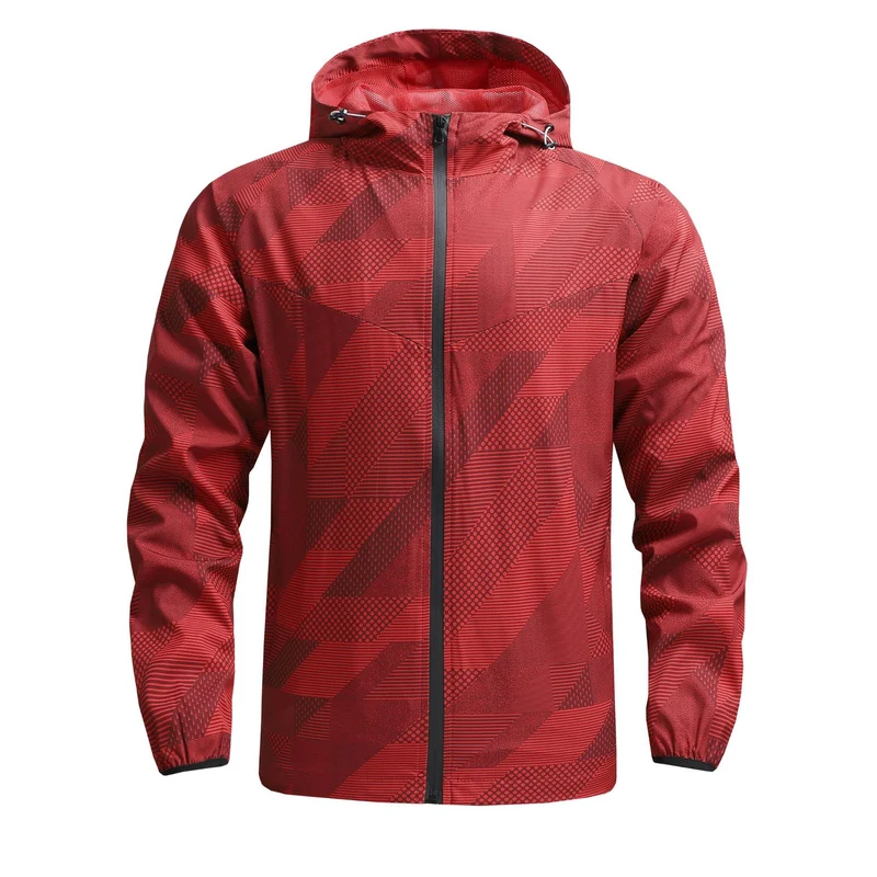 Herren Ultraleichte atmungsaktive Windjacke mit Kapuze und reflektierendem Geometrie-Print Drune