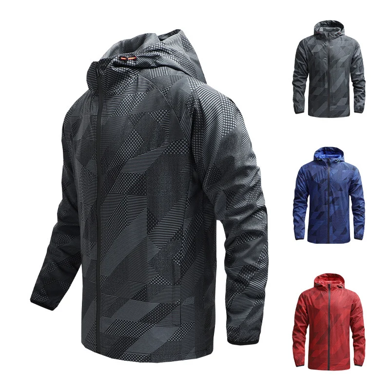 Herren Ultraleichte atmungsaktive Windjacke mit Kapuze und reflektierendem Geometrie-Print Drune