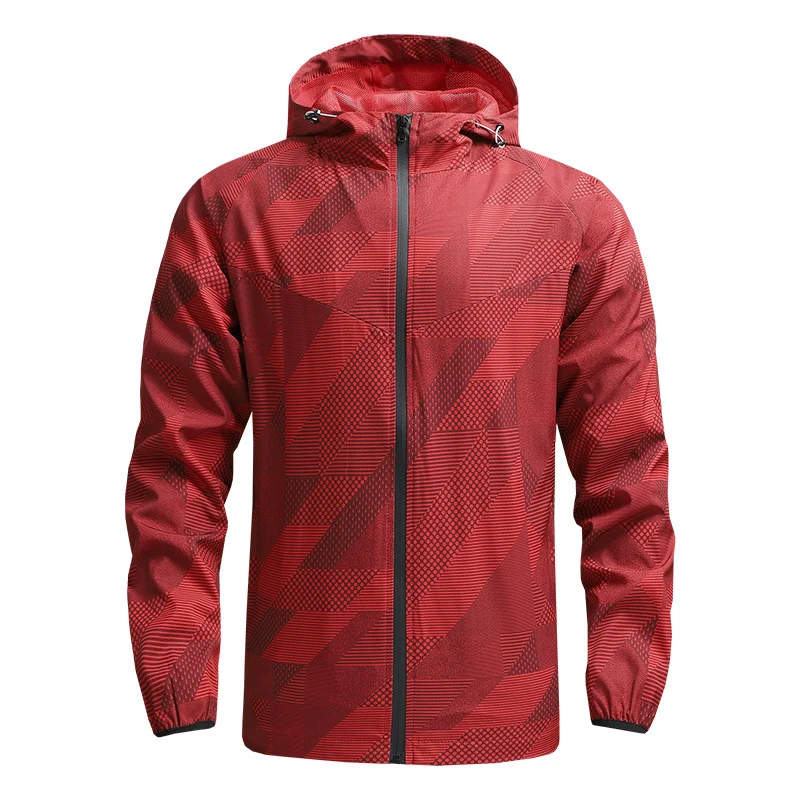 Herren Ultraleichte atmungsaktive Windjacke mit Kapuze und reflektierendem Geometrie-Print Drune