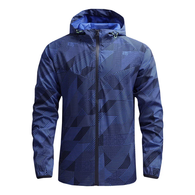 Herren Ultraleichte atmungsaktive Windjacke mit Kapuze und reflektierendem Geometrie-Print Drune
