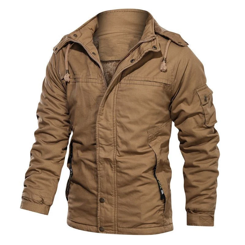 Herren thermoisolierte Canvas‑Fieldjacke mit Kapuze, Teddyfutter und Multifunktions‑Taschen Drune