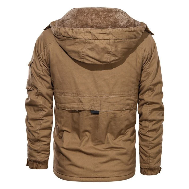 Herren thermoisolierte Canvas‑Fieldjacke mit Kapuze, Teddyfutter und Multifunktions‑Taschen Drune