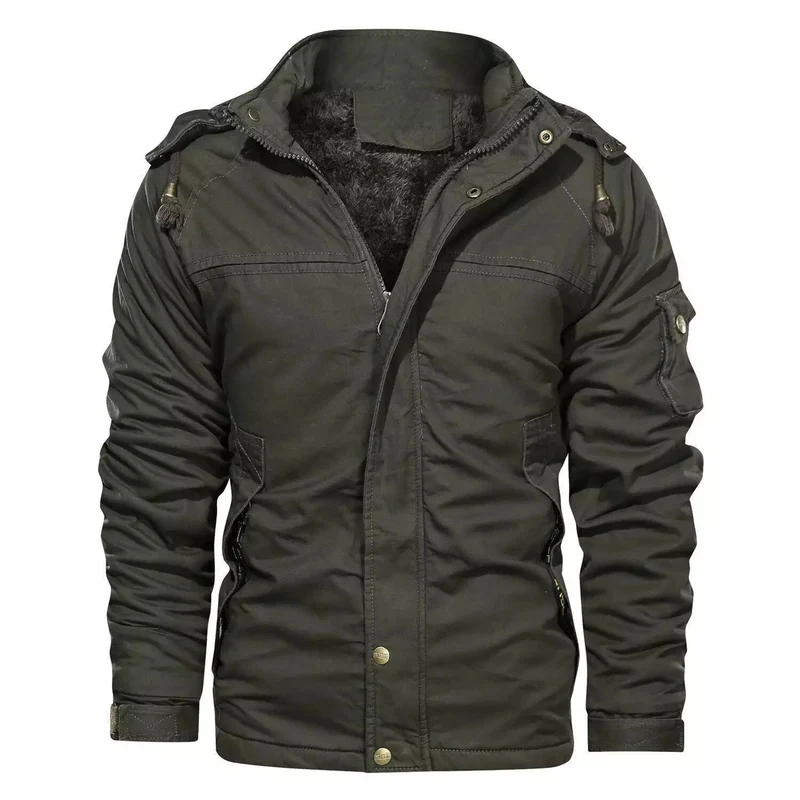 Herren thermoisolierte Canvas‑Fieldjacke mit Kapuze, Teddyfutter und Multifunktions‑Taschen Drune