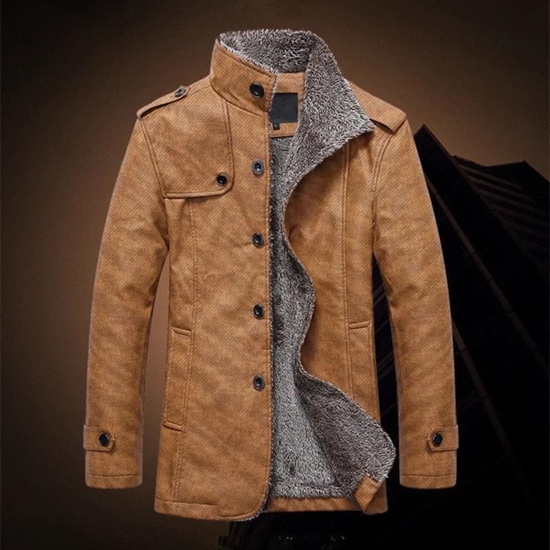 Herren Texturierte Kunstleder-Midlayerjacke mit Teddyfleece-Innenfutter, Stehkragen und Schulterpatten Drune