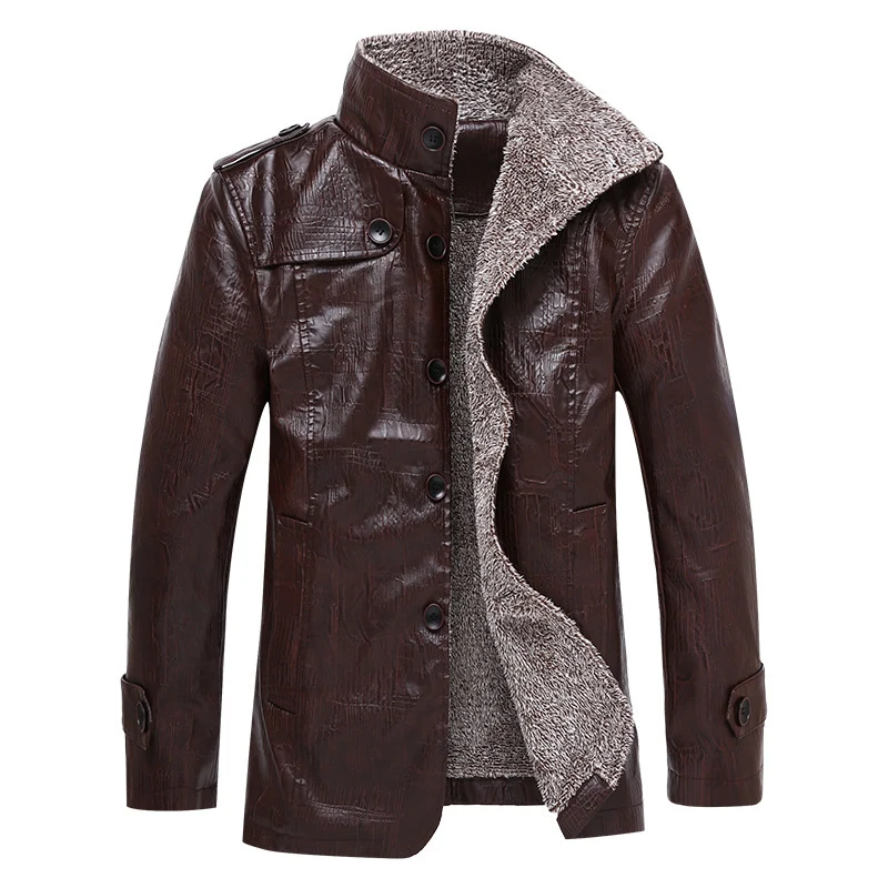 Herren Texturierte Kunstleder-Midlayerjacke mit Teddyfleece-Innenfutter, Stehkragen und Schulterpatten Drune