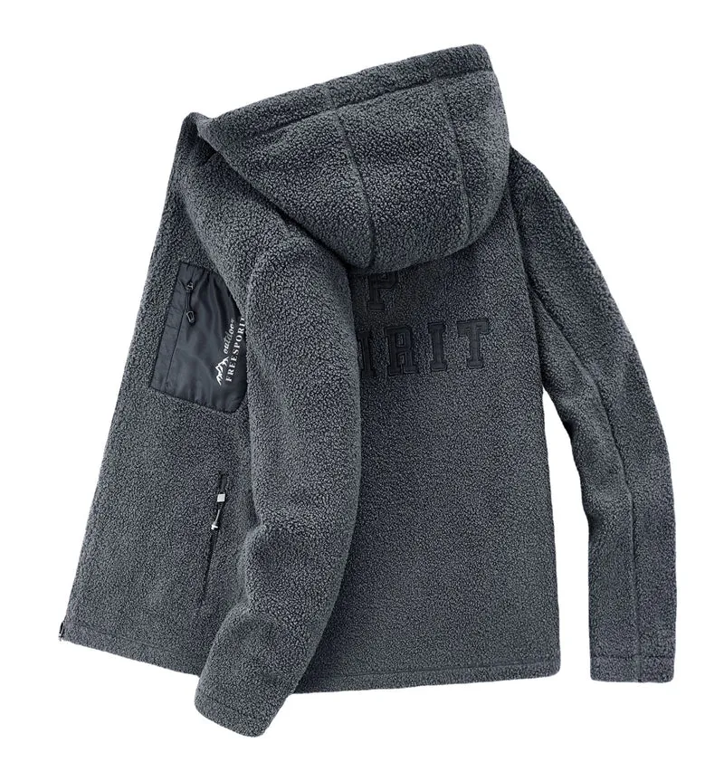 Herren Teddyfleece Kapuzenjacke mit Nylon-Brusttasche und Zwei‑Wege‑Reißverschluss Drune
