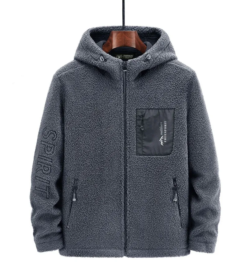 Herren Teddyfleece Kapuzenjacke mit Nylon-Brusttasche und Zwei‑Wege‑Reißverschluss Drune