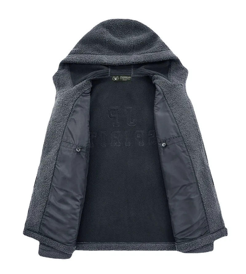 Herren Teddyfleece Kapuzenjacke mit Nylon-Brusttasche und Zwei‑Wege‑Reißverschluss Drune