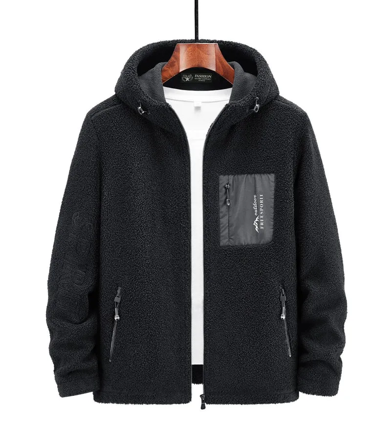 Herren Teddyfleece Kapuzenjacke mit Nylon-Brusttasche und Zwei‑Wege‑Reißverschluss Drune