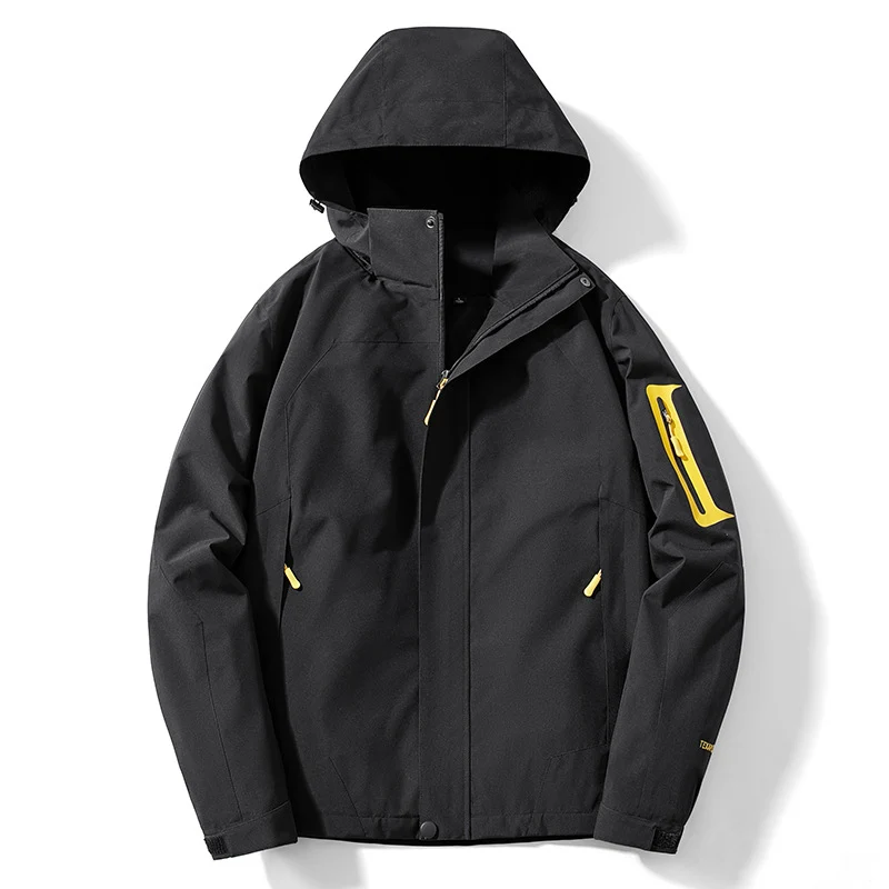 Herren technische Softshell‑Jacke mit abnehmbarer Kapuze, wasser- und winddichter Membran sowie Ärmel‑Utilitytasche Drune