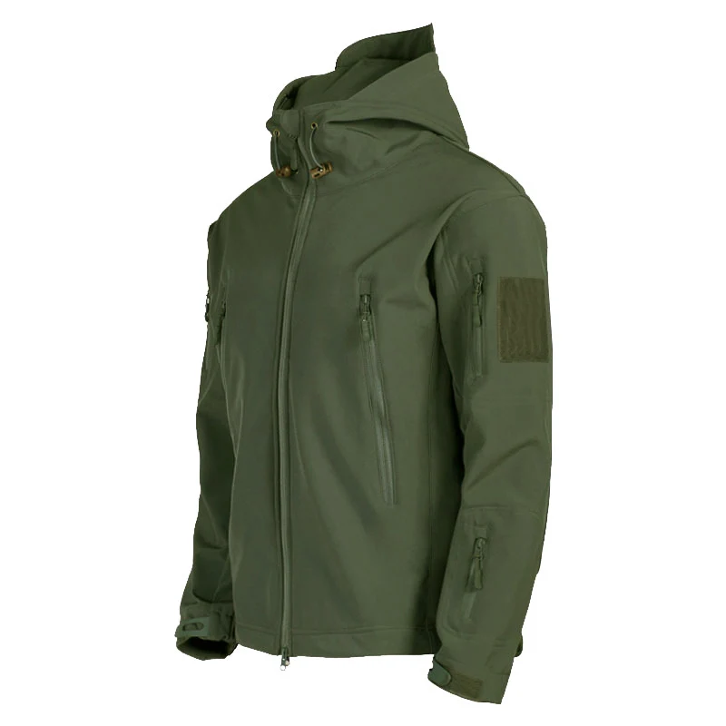 Herren taktische Softshell‑Fieldjacke mit Kapuze, Multifunktionstaschen und Klettpatchfläche Drune