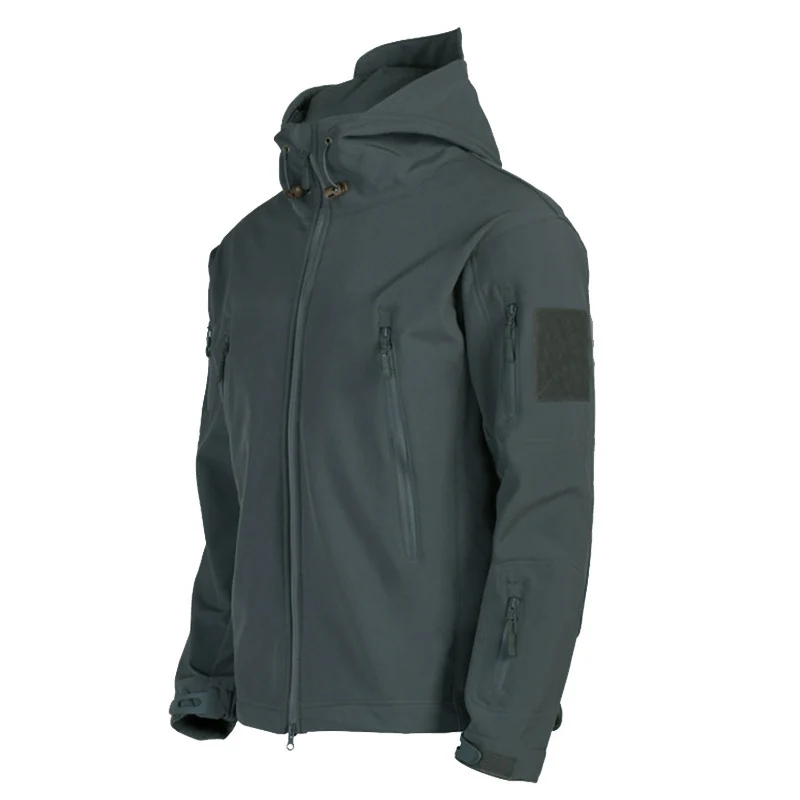 Herren taktische Softshell‑Fieldjacke mit Kapuze, Multifunktionstaschen und Klettpatchfläche Drune